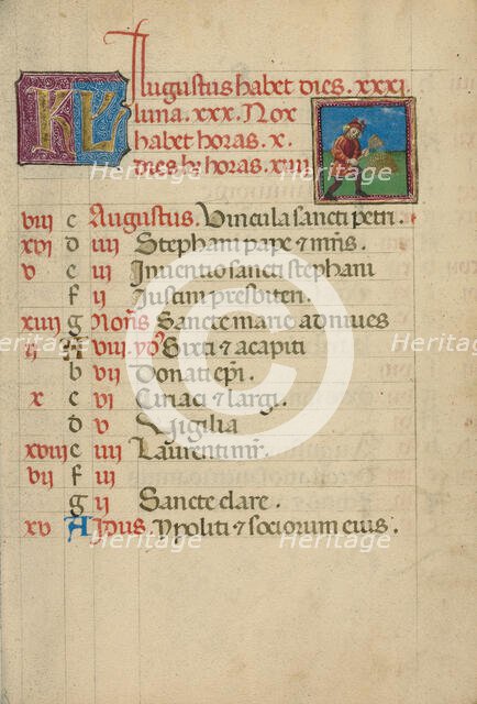 August Calendar Page; Threshing; Book of Hours, about 1460. Creator: Unknown.