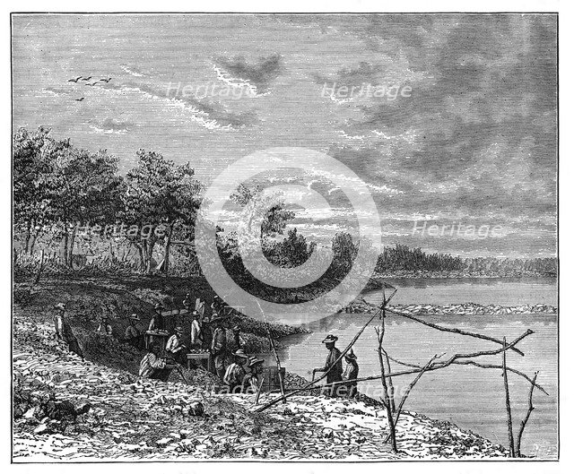 Washing sand for diamonds on the banks of the Vaal River, South Africa, c1890. Artist: Unknown