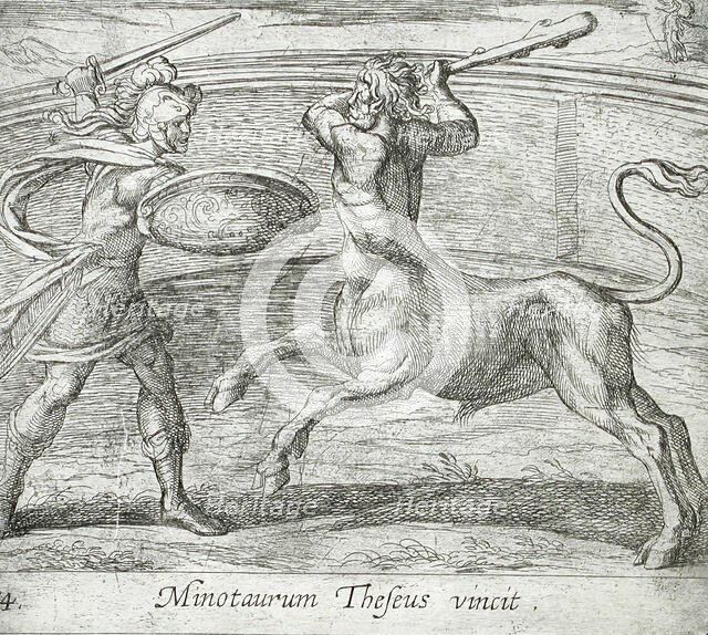Theseus and the Minotaur, published 1606. Creators: Antonio Tempesta, Wilhelm Janson.