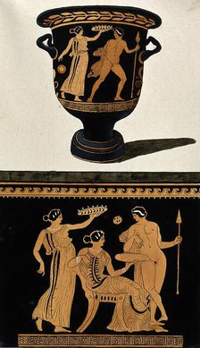 Above, red-figured Greek wine bowl (bell krater); below, detail of decoration showing a..., 1760-9. Creator: Augustin Dahlsteen.