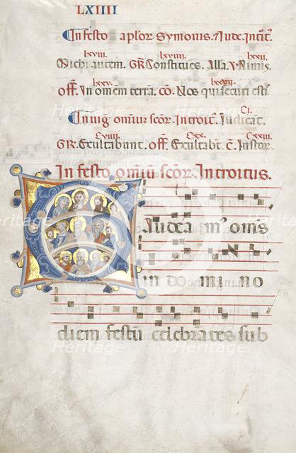 Leaf from a Gradual: Initial (G) with Christ, the Virgin, and Apostles, c. 1300. Creator: Unknown.