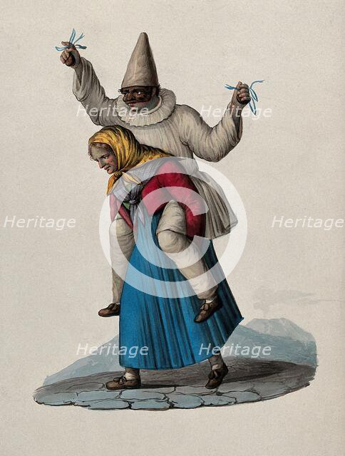 An old woman is carrying a masked pierrot on her shoulders. Creator: Unknown.