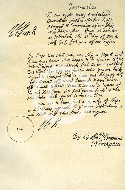 Instructions from William III to Admiral Arthur Herbert, Whitehall, 16th March 1689. Artist: Daniel Finch