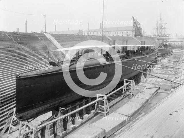 U.S.S. Ericsson in dry dock, Brooklyn Navy Yard, between 1897 and 1901. Creator: Unknown.