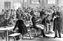 Sketches in Scotland-Yard: pension-day for the retired policemen, 1883. Creator: Unknown.