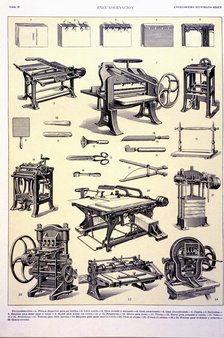 Different machines and instruments used in the early 20th century for book binding, drawing in th…