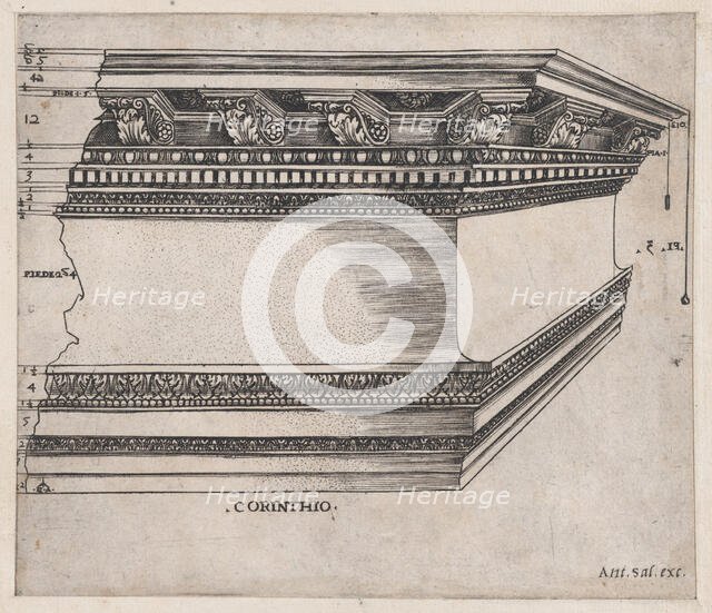 Speculum Romanae Magnificentiae: Corinthian entablature, ca. 1535., ca. 1535. Creator: Master GA.