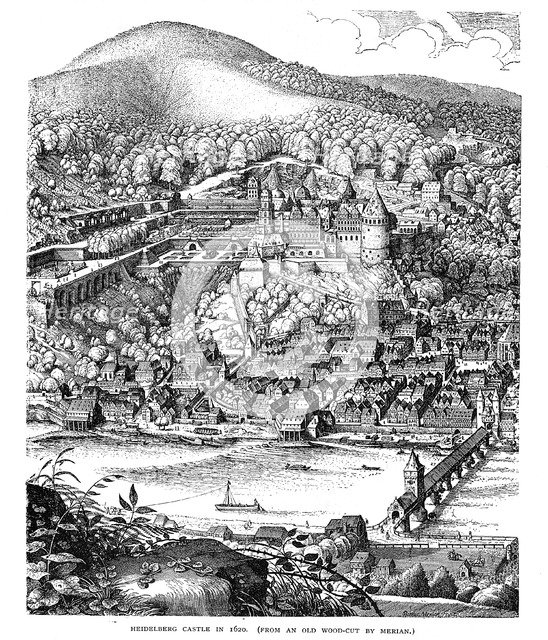 Heidelberg Castle and town viewed across the Neckar river, Germany, in 1620. Artist: Unknown