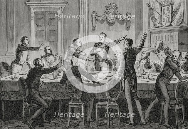 Baldomero Espartero holding a banquet with all his officers and Baron Nordenflicht..., 1879.  Creator: Unknown.