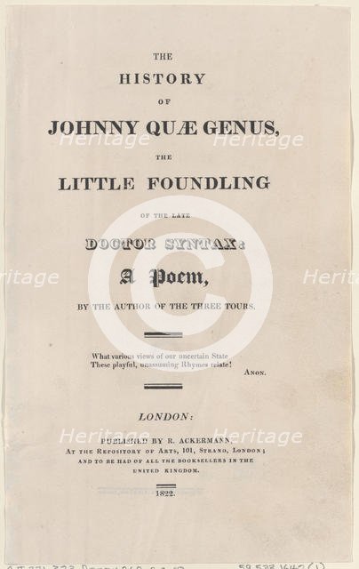 Title page, from "The History of Johnny Quae Genus, The Little Foundling of the Late Docto..., 1822. Creator: Thomas Rowlandson.