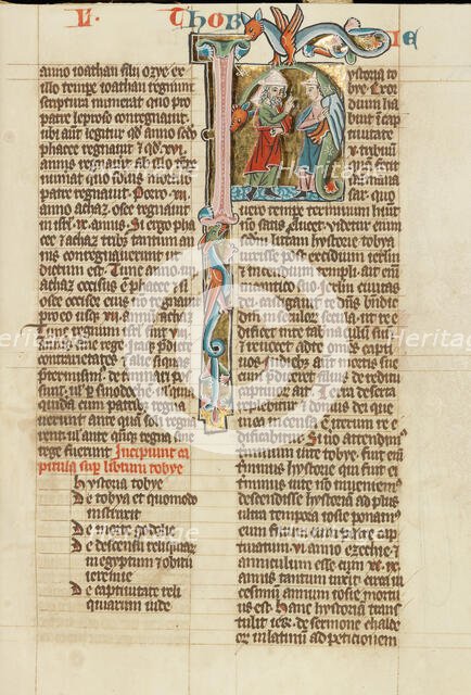 Initial H: Tobias Speaking to a Young Man; Historia Scholastica, about 1300. Creator: Unknown.