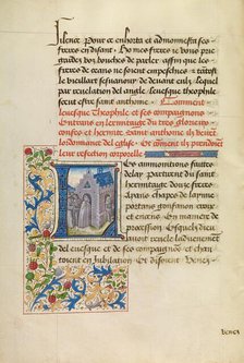 Initial L: Saint Anthony Appearing to Bishop Theophilus and Leading Him to His..., about 1465-70. Creators: Master of the Brussels Romuléon, Workshop of the Master of the Brussels Romuléon.