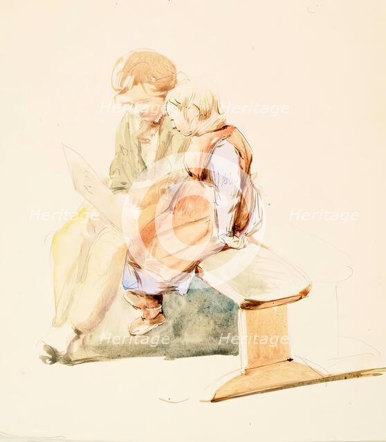 Boy and Girl on a Bench, c1840-1867. Creator: John Phillip.