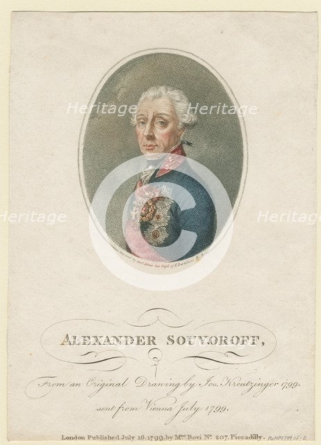 Portrait of Field Marshal Generalissimo Prince Alexander Suvorov (1729–1800), 1799. Artist: Kreuzinger, Josef (1757-1829)