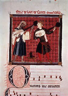 Moor and Christian playing the lute, miniature in the 'Music book' from the 'Cantigas of Alphonse…