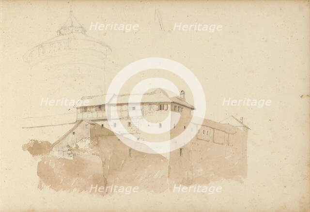 Tower and a building with a half-timbered facade, 1820-1896. Creator: Kasparus Karsen.