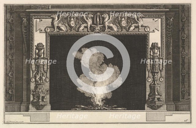 Chimneypiece: Affronted griffons on the lintel and candelabra on the jambs (Ch. accomp..., ca. 1769. Creator: Giovanni Battista Piranesi.