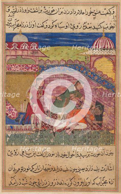 Page from Tales of a Parrot (Tuti-nama): Eighth night: The deceitful wife ejects..., 1558-1560. Creator: Shravana (Indian).