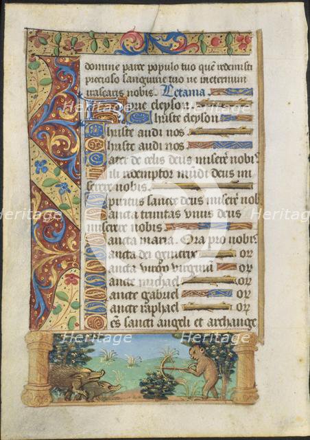 Leaf from a Book of Hours: Ape Hunting Wild Boars, c. 1500-1510. Creator: Unknown.