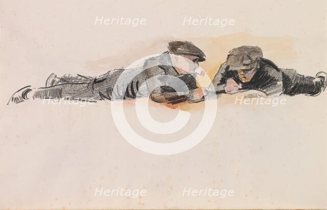 Two boys lying on their stomachs on the floor, c.1922-c.1925. Creator: Otto Verhagen.
