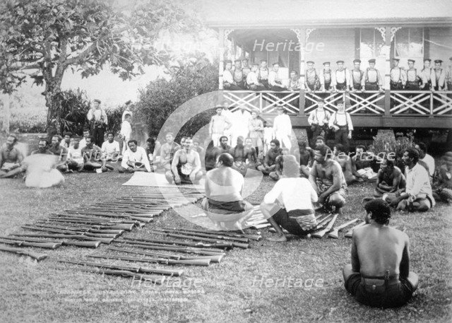 Tamasese distributing arms, Apia, Samoa, 1899. Artist: Unknown