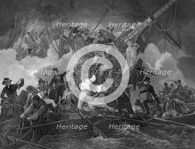 The cutting out of the corvette 'La Chevrette', 21 July 1801 (c1857).Artist: J Rogers