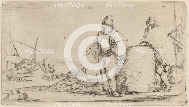 Two Sailors Standing near a Large Bale of Merchandise. Creator: Stefano della Bella.