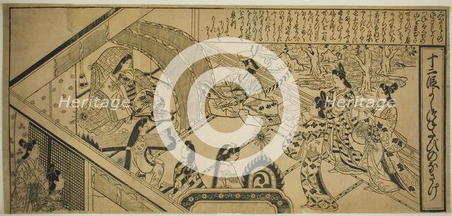 Yoshitsune's Encouter with Princess Joruri, from "The Tale of Joruri in Twelve..., c. 1684/1704. Creator: Sugimura Jihei.