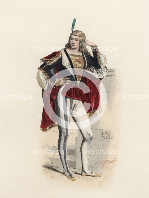 Venetian Noble from the Middle Ages, color engraving 1870.
