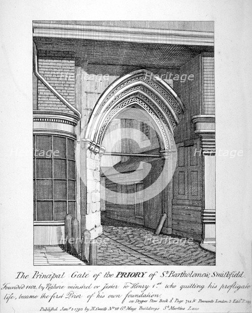 Gateway to the Church of St Bartholomew-the-Great, Smithfield, City of London, 1793. Artist: Anon
