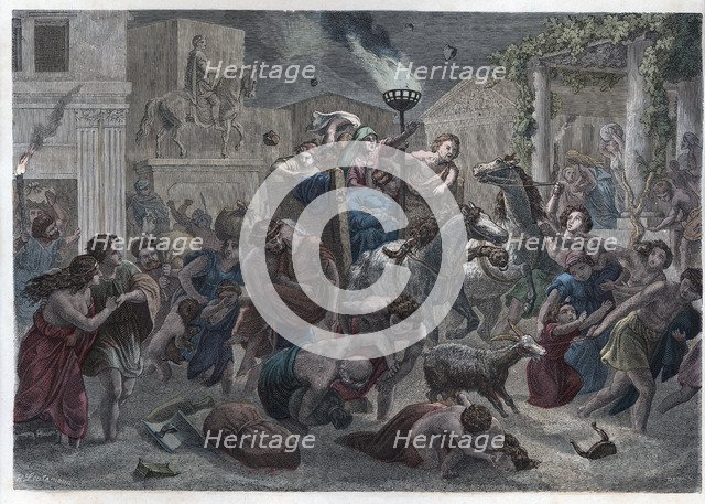 Destruction of the city of Pompeii by the eruption of Vesuvius volcano, engraving 1868.