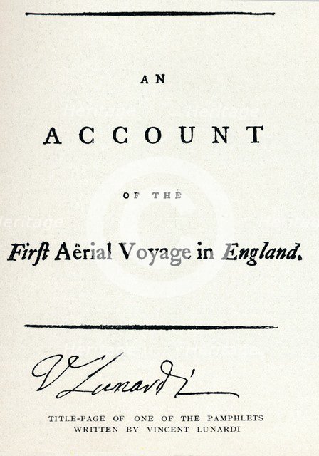 'Title-Page of one of the Pamphlets written by Vincent Lunardi', 1786, (1910). Artist: Vincenzo Lunardi.