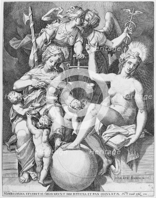 Allegory of the Psalm of David; Misericordia seated to the left feeding four children with..., 1579. Creator: After Agostino Carracci.