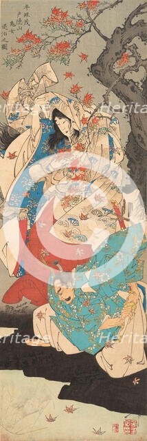 Taira Koremochi Conquering the Devil Woman on Mount Togakushi (Taira no Koremochi..., 1887. Creator: Yoshitoshi, Tsukioka (1839-1892).