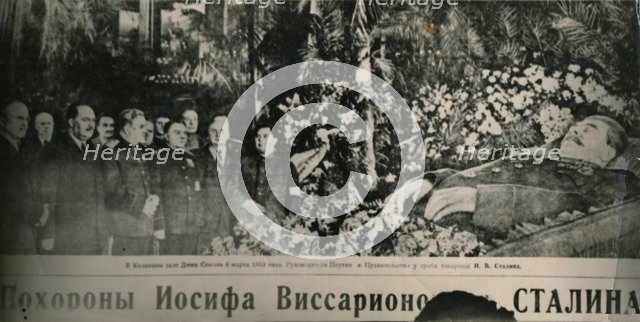 'Soviet leaders visit the flower-decked bier of Stalin in Moscow's Hall of Columns. Behind the chief Artist: Unknown.