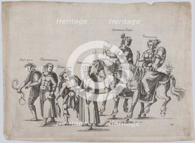 Plate 14: Six figures marching in a procession, two atop horses, a snake at bottom center;..., 1611. Creator: Balthasar Küchler.