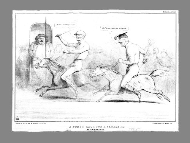 'A Poney Race for a Saddle (a Seat) at Cambridge', 1834. Creator: John Doyle.