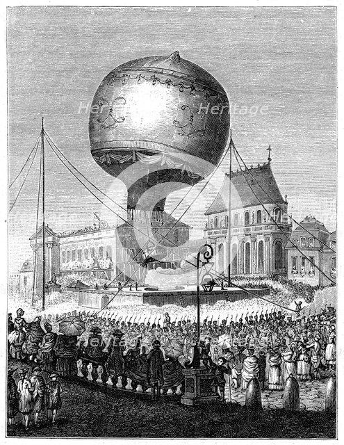 Launch of a hot air balloon, late 18th century, (1885). Artist: Unknown