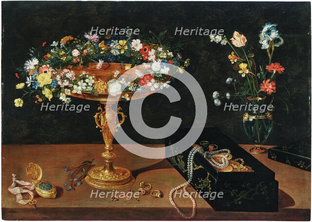 A tazza with a garland of flowers, a jewellery box, a pocket watch and flowers in a glass vase. Creator: Brueghel, Jan, the Younger (1601-1678).
