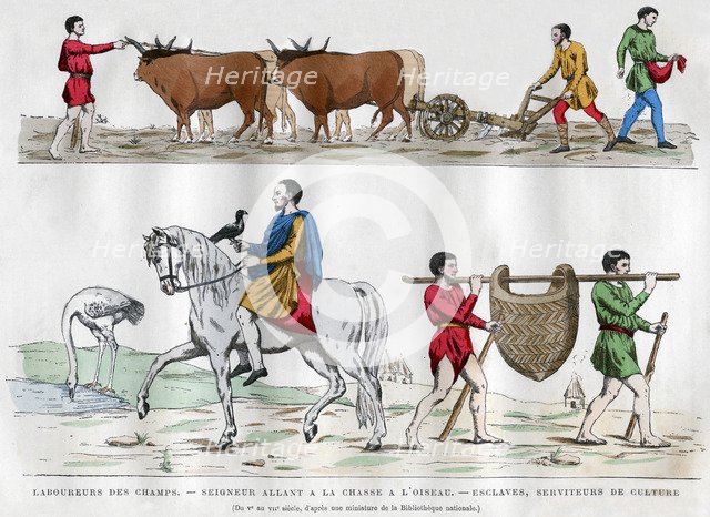 Ploughing, a lord hunting with a bird, a slave, and two servants, 5th-7th century (1882-1884). Artist: Unknown