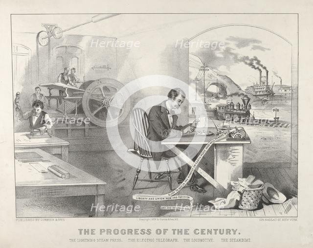 The Progress of the Century - The Lightning Steam Press. The Electric Telegraph. The Locom..., 1876. Creators: Nathaniel Currier, James Merritt Ives, Currier and Ives.