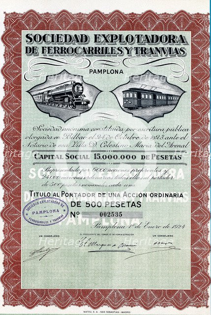 Action of 500 pesetas of Sociedad explotadora de ferrocarriles y tranvías, S.A., (railway company…