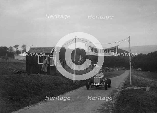 ERA of Raymond Mays at the finishing line of the Shelsley Walsh Hillclimb, Worcestershire, 1935. Artist: Bill Brunell.