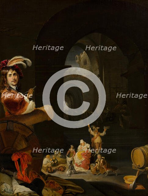 Soldiers and Other Figures among the Ruins of a Castle, with a Self-Portrait of the Artist... Creator: Karel Slabbaert.