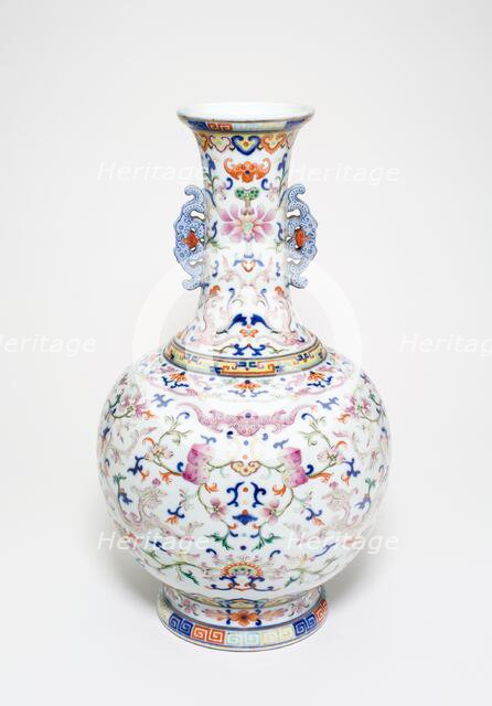 One of a pair of famille-rose 'lotus' bottle vases, Qing dynasty, Qianlong reign(1736-1795). Creator: Unknown.