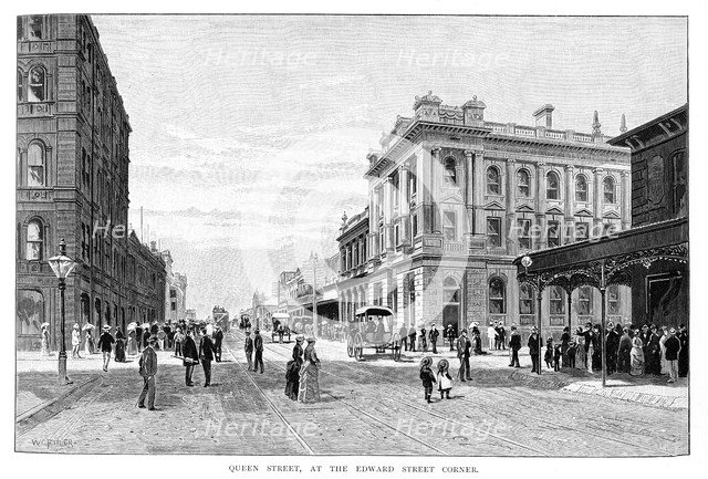 'Queen Street, at the Edward Street Corner', Brisbane, 1860, (1886). Artist: WC Fitler