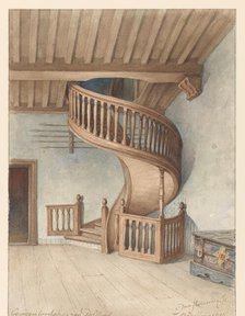 The wooden spiral staircase in the Gemeenlandshuis van Delfland, in Maassluis, 1901. Creator: Jan Striening.