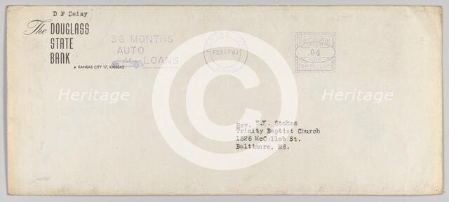 Envelope for letter from H.W. Sewing for Daisy Bates Trust Fund, Feb 17, 1960. Creator: Unknown.
