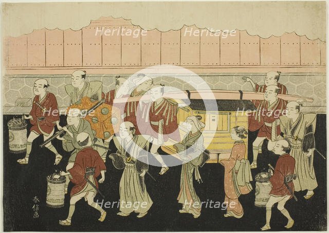 The Bride Riding in the Palanquin to Her Husband's House (Koshi-iri), the third sheet..., c. 1769. Creator: Suzuki Harunobu.