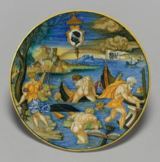 Plate with the sinking of the fleet of Seleucus (from the Pucci Service), 1532. Creator:  Francesco Xanto Avelli.